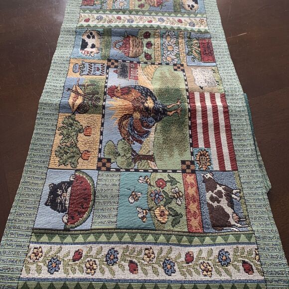 Farm table runner with animals pigs, roosters, cows, cat, corn, apples 70" X 12" - Picture 3 of 4